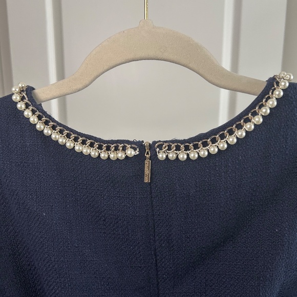 Karl Lagerfeld Paris Navy Pearl Neckline Dress | Classic Elegant - Picture 4 of 4